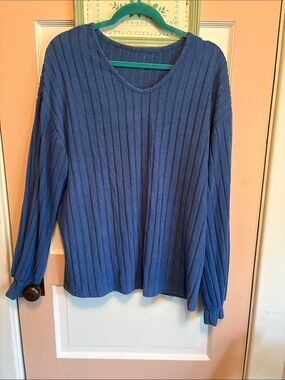 Blue Ribbed Scoop Neck Sweater